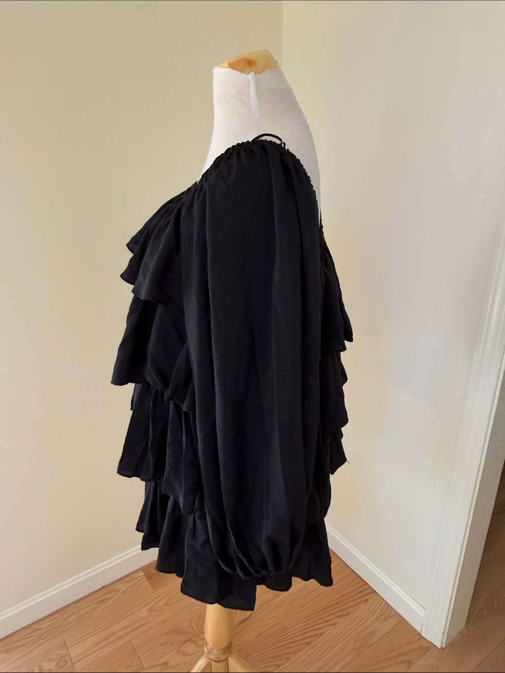 Mable small black moana neck ruffled tiered long sleeve mini dress. - Picture 3 of 12